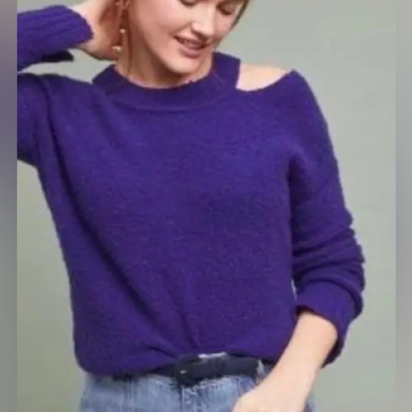 Anthropologie Moth Cold Shoulder Cut Out Sweater Blue/Purple | size M - Picture 3 of 6